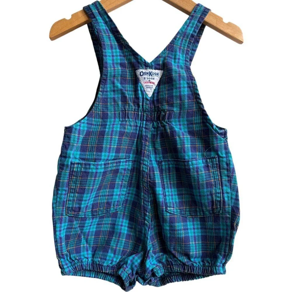 Vintage OshKosh Baby B'gosh Blue Plaid Bubble Romper Shortall Overalls Size 24M